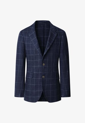 Marineblauer Wollblazer mit hellgrauem Karomuster, Kerbkragen, zwei Knöpfen, Pattentaschen und tailliertem Schnitt.