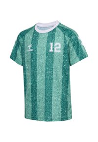 Green and light green striped short-sleeve sports jersey with white collar, number 12 on chest, and hummel logo on front left side.