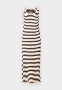 Robe midi côtelée avec encolure dégagée, présentant des rayures horizontales alternant crème et marron foncé. Fabriquée en tissu extensible pour un confort optimal.