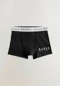 Crne bokserice s bijelim elastičnim pojasom s natpisom "BAKER by TED BAKER" i otisnutim logom s lijeve strane. Glatka tekstura, prilagođeni dizajn.