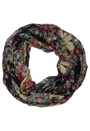 Lekki, czarny komin w nieskończoność z wielokolorowym, kwiatowym wzorem zawierającym czerwone, zielone, beżowe i fioletowe akcenty.