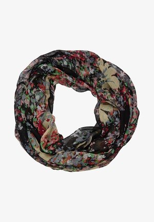 Écharpe infinity noire légère avec motif floral multicolore comprenant des accents rouges, verts, beiges et violets.