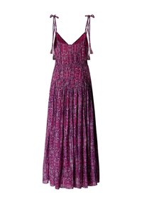 Vestido largo morado sin mangas con finas tiras para atar, escote en V, cintura entallada y tela con estampado de formas verticales abstractas.