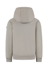 Lichtgrijze capuchonjas, gladde stof, elastische manchetten en tailleband. Heeft een minimalistisch ontwerp zonder zichtbare sluitingen.