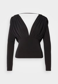 Czarna bluzka z głębokim dekoltem w kształcie litery V, długimi rękawami i marszczeniami na ramionach, wykonana z gładkiej, elastycznej tkaniny.