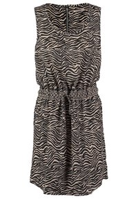 Ärmlös klänning med svart och beige zebramönster, rund halsringning, framzipper och mönstrad tygbälte som knyts i midjan.
