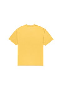 T-shirt jaune en coton à manches courtes et col rond. Texture lisse, design simple, sans motifs ni ornements visibles.