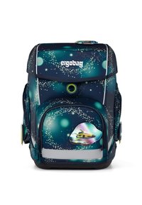 Backpack with a navy and green speckled design, featuring a reflective strip, a front pocket, and a colorful accent of a submarine.