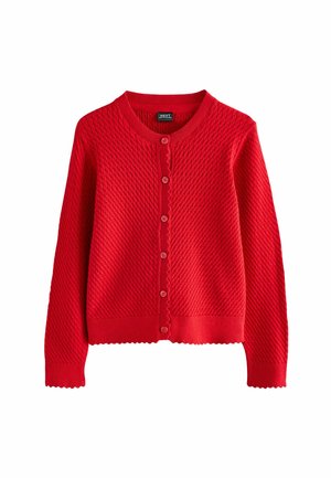 Cardigan en tricot rouge avec un motif texturé, col rond et ourlet en dentelle. Présence de boutons à l'avant et de manches longues. Tissu doux.