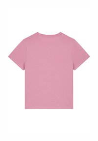 Kurzes pinkes Baumwoll-T-Shirt mit Rundhalsausschnitt und kurzen Ärmeln. Der Rücken ist schlicht ohne Grafiken oder Verzierungen.