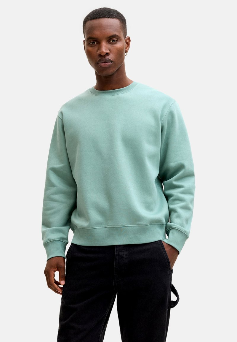 Jeune homme portant un sweat-shirt à col ras du cou vert clair uni et un pantalon noir, debout avec une main dans la poche devant un fond uni.