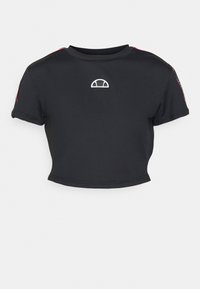 Camiseta negra corta de tela suave, con mangas cortas, escote redondo y un detalle de logo blanco en el pecho.