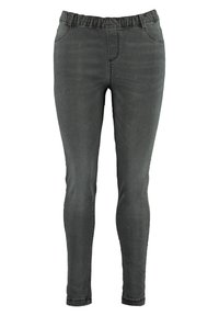 Leggings en denim gris à enfiler avec une taille élastique, coupe ajustée et un simple détail de couture. Ne comporte pas de poches à l'avant.