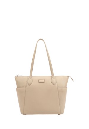 Beige leren tote bag met twee lange handvatten, een ritsluiting en buitenzakken. Gladde textuur en subtiele hardware accenten.