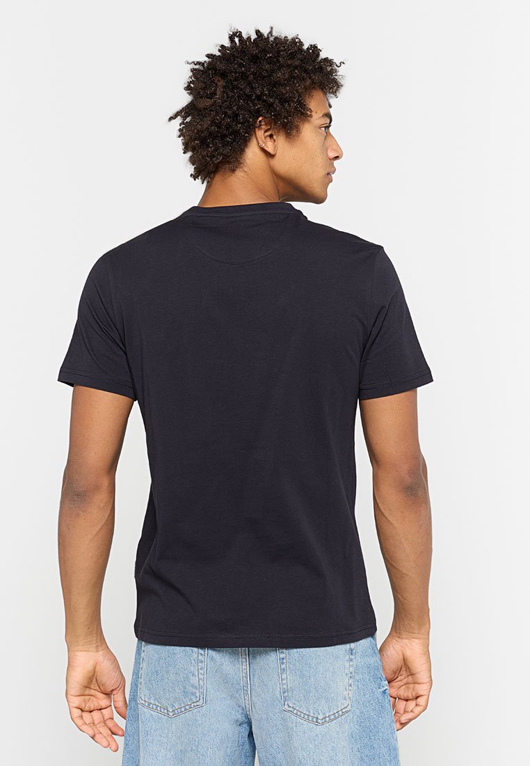 T-shirt nera a maniche corte in cotone, con collo rotondo e una texture liscia. La vista posteriore mostra un design semplice.