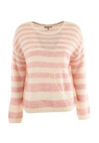 Pull à rayures léger en rose pâle et crème, avec un col rond et un détail en forme de cœur sur le devant. Fabriqué à partir d'un matériau doux.
