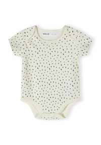 Bodysuit za dojenčke s kratkimi rokavi iz off-white bombažnega tkiva z razpršenim črnim pikčastim vzorcem in gumbki na dnu za enostavno oblačenje.