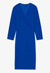 Sininen pitkähihainen mekko, jossa on kietaisusuunnittelu, V-pääntie ja sivureikä. Valmistettu sileästä kankaasta, jossa on tasainen rakenne.