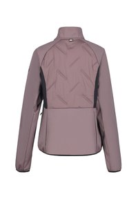 Giubbotto viola chiaro con colletto alto, dotato di un retro strutturato e pannelli laterali neri. Include tasche con zip per riporre gli oggetti.