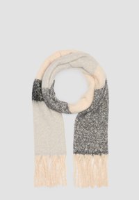 Écharpe en mélange de laine avec un design dégradé comprenant des sections grises, gris clair et crème. Finition avec des franges beiges aux extrémités.