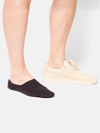 Zapato negro tipo calcetín a la izquierda, zapatilla de ante color beige con diseño de cordones a la derecha, mostrando materiales y estilos contrastantes.