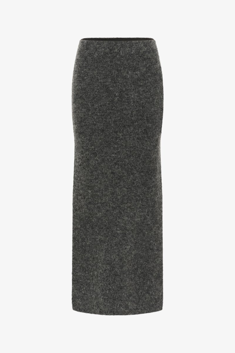 Gray wool pencil skirt with a high waist, form-fitting shape, and a soft, textured surface. No visible patterns or hardware accents.