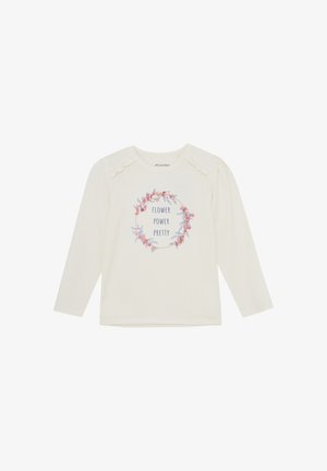 Cremefarvet langærmet t-shirt med flæsedetaljer på skuldrene. Forsiden har et blomstermotiv med teksten "FLOWER POWER PRETTY" i blå.