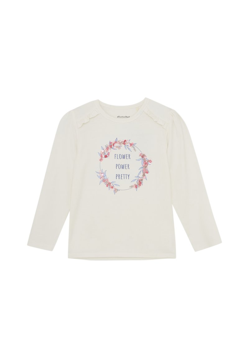 Gräddfärgad långärmad t-shirt med volanger vid axlarna. Framsidan har en blommig design med texten "FLOWER POWER PRETTY" i blått.