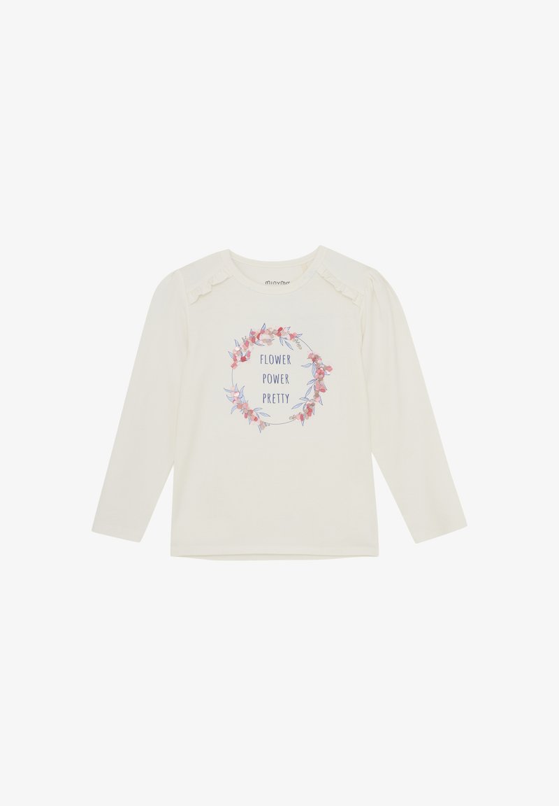 Crème langemouwen t-shirt met ruches op de schouders. De voorkant heeft een bloemontwerp met de tekst "FLOWER POWER PRETTY" in het blauw.