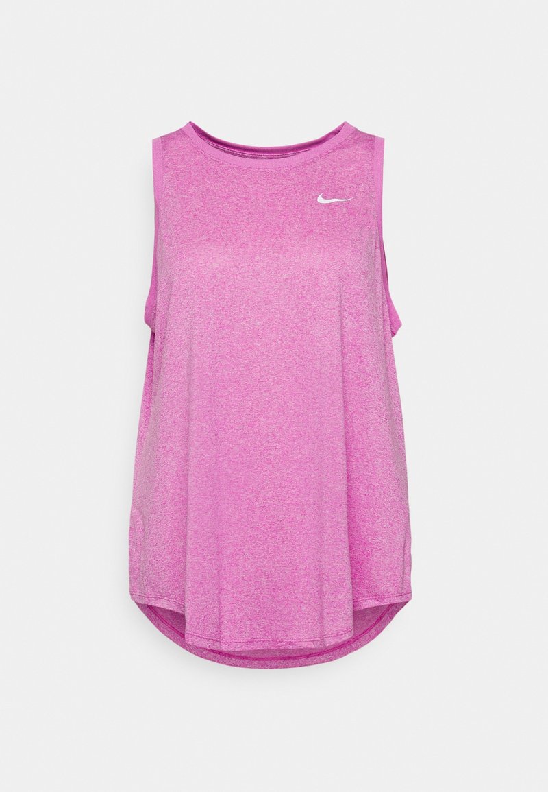 Vaaleanpunainen ilman hihoja oleva urheilu-toppi kevyestä, teksturoidusta kankaasta. Siinä on pyöristetty helma ja pieni valkoinen Nike-logo rinnassa.