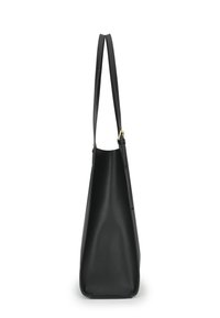 Black leather shoulder bag with a structured silhouette, smooth texture, dual flat straps, and gold hardware accents.