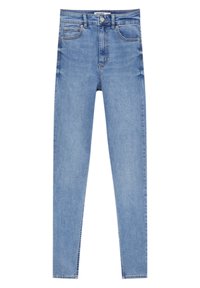 Jeans ajustados en denim azul claro, con una cintura alta, bolsillos frontales y un diseño clásico de cinco bolsillos con una textura suave.