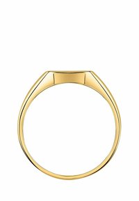 Goldener Ring mit einem glatten, runden Band, das an der Oberseite flach ist und auf jeder Seite zwei kleine vertikale Akzente aufweist. Die Oberfläche ist poliert und reflektierend.