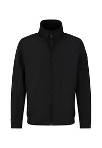 Schwarze Jacke mit hohem Kragen, Frontreißverschluss, taillierter Schnitt, glattes Material und minimalistischem Design. Keine sichtbaren Markierungen oder Muster.