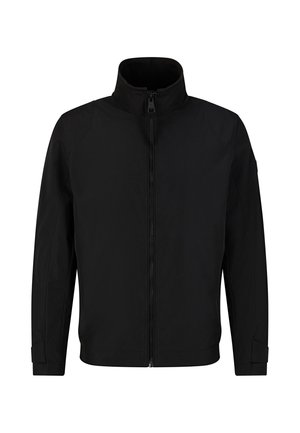 Schwarze Jacke mit hohem Kragen, Frontreißverschluss, taillierter Schnitt, glattes Material und minimalistischem Design. Keine sichtbaren Markierungen oder Muster.