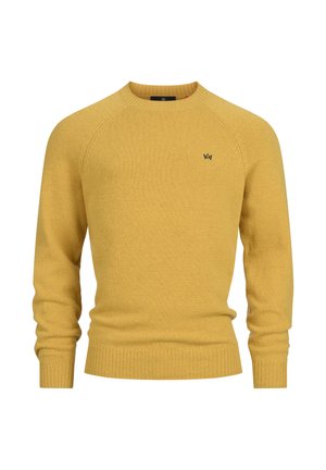 Pull en tricot jaune avec un col rond, des poignets et un ourlet côtelés ; présente un petit logo noir sur la poitrine. Texture douce, coupe standard.