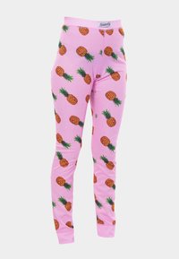 Pink ribbed leggings with a repeating pineapple pattern, featuring orange pineapples with green tops evenly spaced across the fabric.