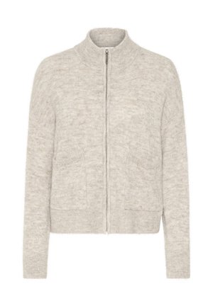 Light gray zip-up cardigan made of soft knit fabric, featuring two front pockets and a high collar. Textured surface with a relaxed fit.