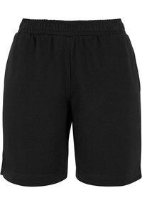 Shorts décontractés noirs avec taille élastique et poches latérales, longueur au genou, en tissu doux.