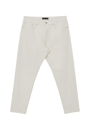 Hellbeige Jeans mit lockerer Passform, ausgestattet mit einem Reißverschluss, einem Fünf-Taschen-Design und dezenten Stickdetails. Aus glattem Baumwolltwill.