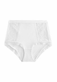 Chiloți albi cu talie înaltă, cu panouri laterale din dantelă și o textură de material neted. Accentele includ detalii din dantelă florală.