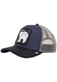 Gorra azul marino con una parte trasera de malla, parche bordado de un oso polar en la parte delantera, visera negra con patrón de zigzag y correa ajustable en la parte trasera.