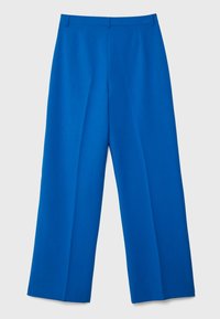 Blaue, weite Hosen mit maßgeschneiderter Passform, glatter Textur und vorderen Falten; keine sichtbaren Taschen oder Verzierungen.