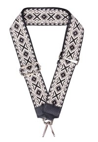 Sangle en tissu tissé noir et crème avec des motifs géométriques, dotée de fermoirs en métal et d'accents en cuir aux extrémités.