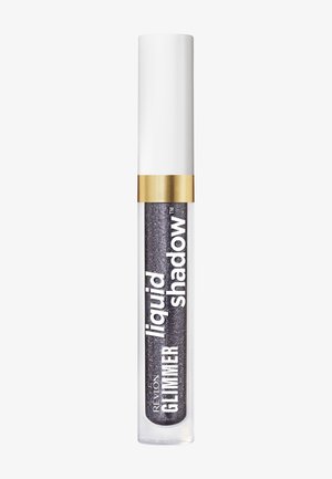 Tube transparent de fard à paupières liquide Revlon Glimmer avec produit noir pailleté à l'intérieur et bouchon blanc avec bande dorée.