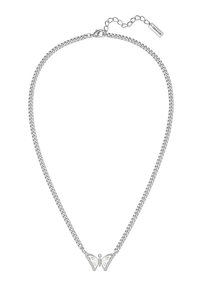 Collana a catena argentata con pendente a forma di farfalla, dotato di ali iridescenti e una piccola pietra decorativa. Lunghezza regolabile con chiusura a gancio.