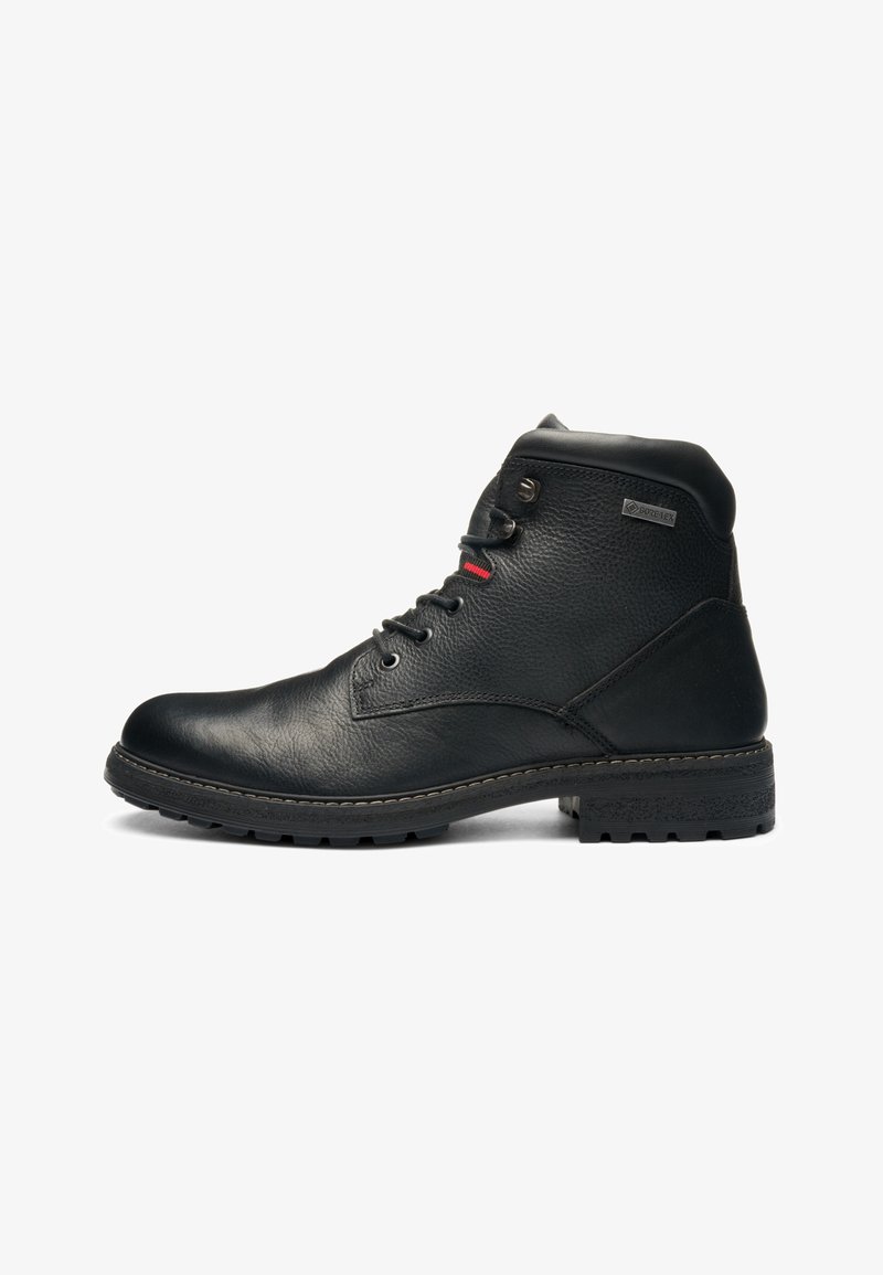 Black leather ankle boot with lace-up closure, rubber sole, padded collar, and Gore-Tex label on the side for waterproof protection.