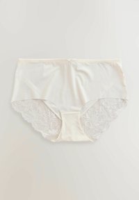 Beige bomullsblandning underkläder med en mjuk, slät front. Baksidan har intrikata blommönster i spets med en vågad kant.