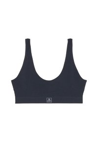 Sostén inalámbrico azul marino hecho de tela suave, con escote redondeado, tirantes anchos y un acento de logo en la banda. Diseño sin costuras.
