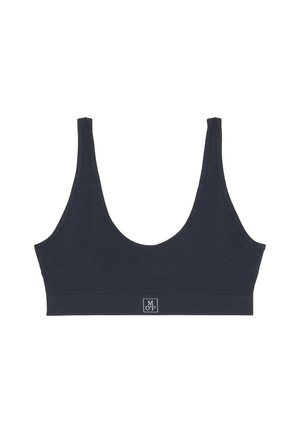 Sostén inalámbrico azul marino hecho de tela suave, con escote redondeado, tirantes anchos y un acento de logo en la banda. Diseño sin costuras.